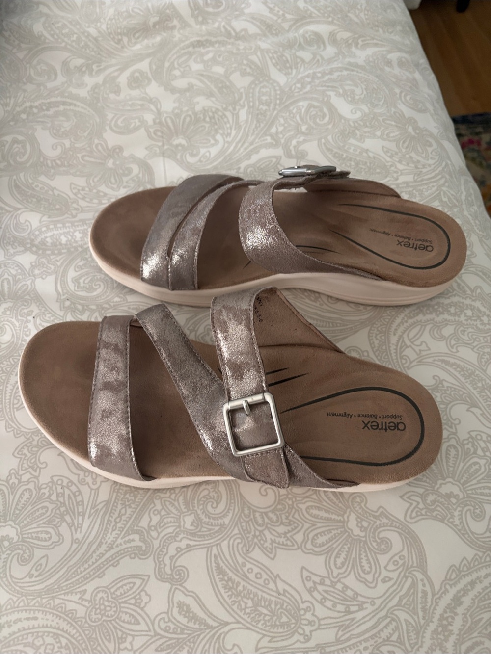 Aetrex Metallic Taupe Buckle Slide Sandals